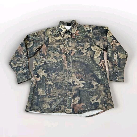 Vintage 80s Lapco Mossy Oak Camo Pearl Snap Long Sleeve Shirt Size Large - Picture 1 of 12